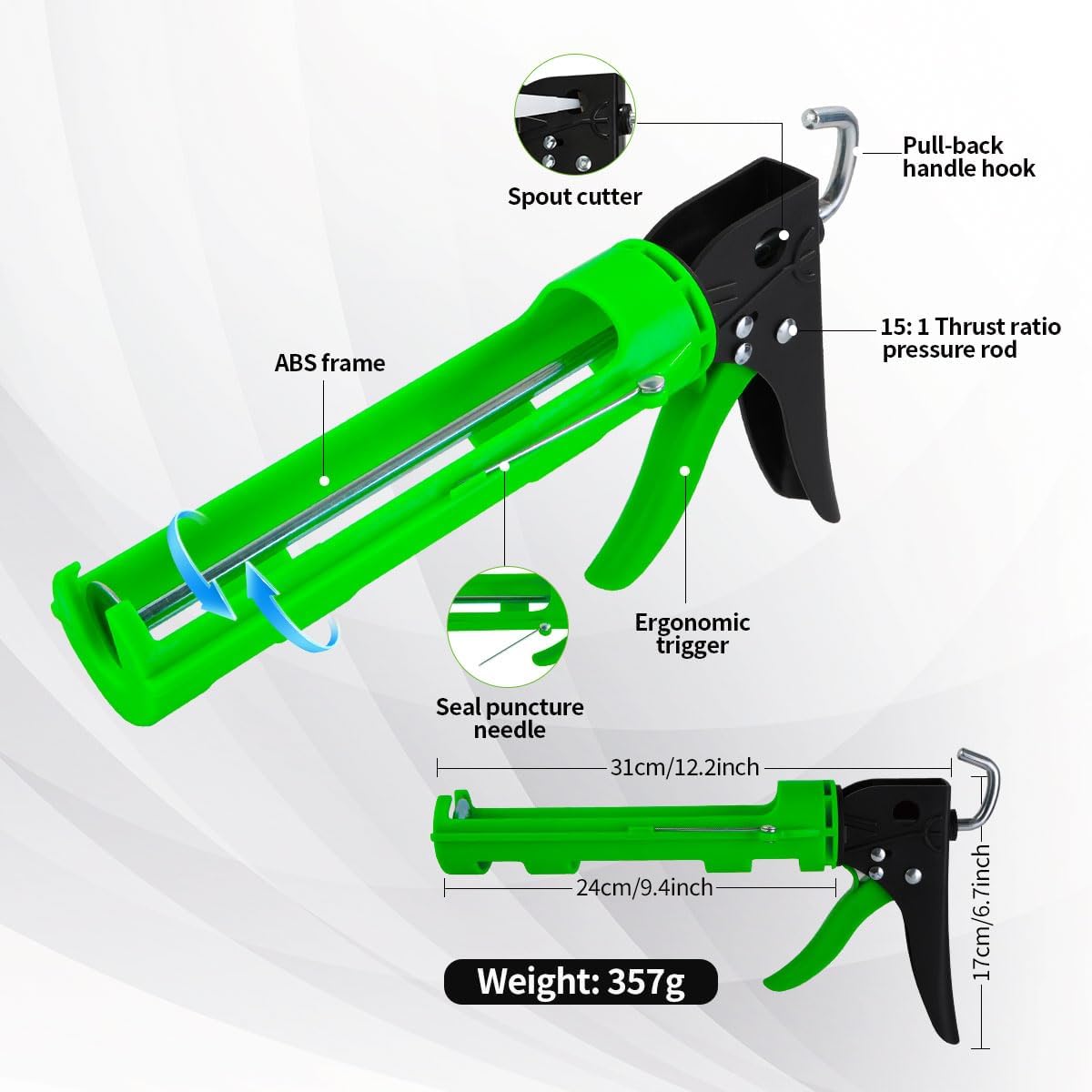 Caulk Gun Kit, Caulking Gun No Drip with 3 Silicone Caulking Tool and 3 in 1 Caulk Remover Tool, 15:1 Thrust Ratio, Professional Hand Caulking Gun Tool