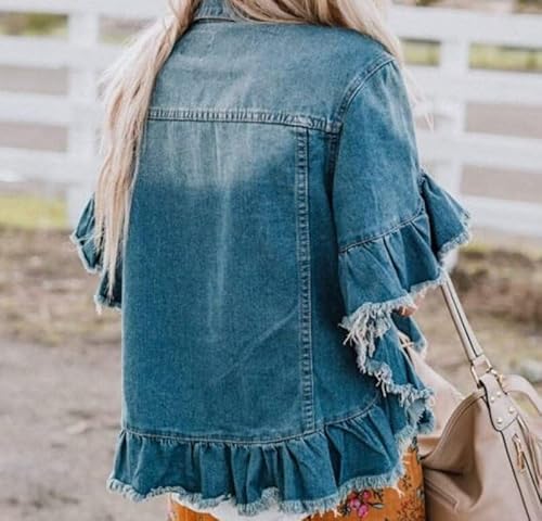 Fronage Women'S 2024 Denim Jackets Ruffled Short Sleeve Jean Jackets Blue Raw Edge Button Down Denim Jacket thumb #2