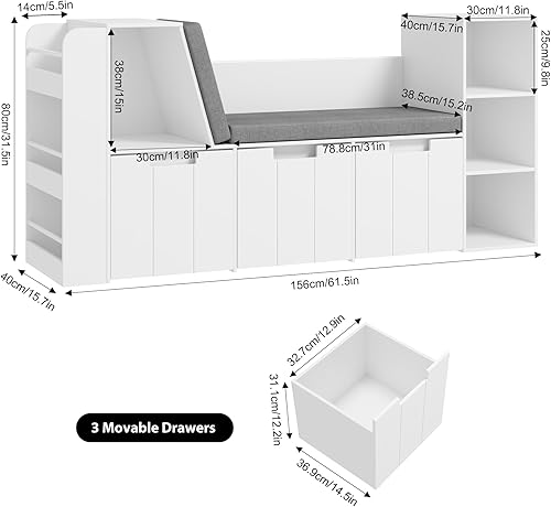 Miniatura 2 de Rincón de lectura para niños de 61.5 pulgadas con estantería de 3 capas, rincón de lectura para niños con banco doble y cajones rodantes, estantería