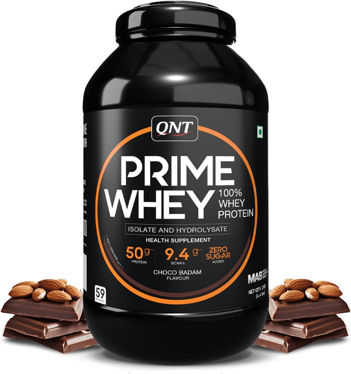 QNT Prime Whey Protein Powder โ Choco Badam | 25g Protein Per Scoop | Whey Isolate, Concentrate & Hydrolysate Blend | 59 Servings | Muscle Growth, Recovery & Strength | 2kg