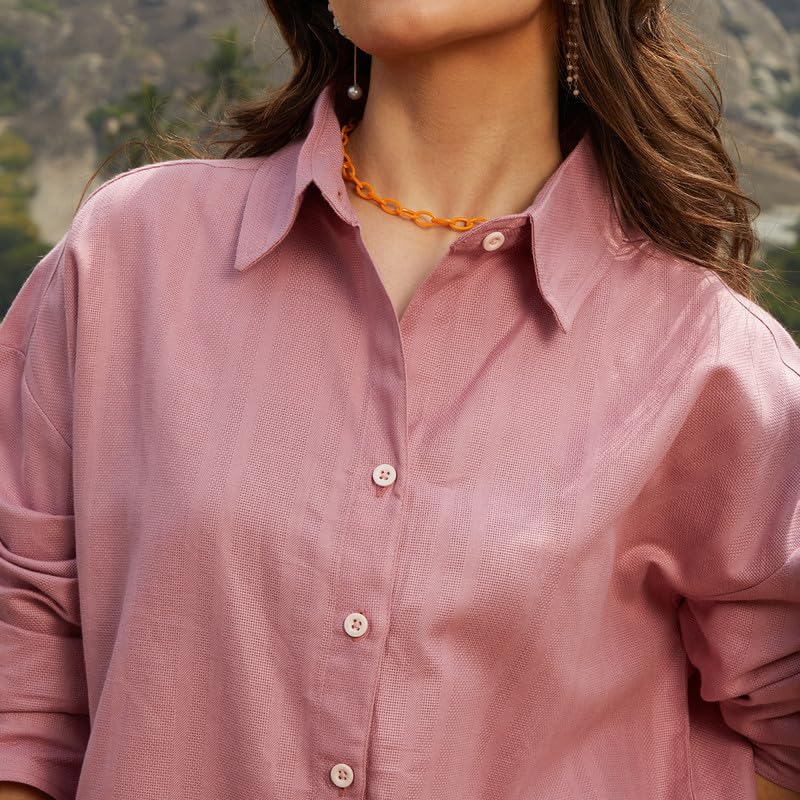 Image of PINACOLADA Women's Solid Oversized Shirt for Casual Wear | Spread Collar | Long Sleeve | Button Closure | Oversized Shirt Crafted with Comfort Fit for Everyday Wear