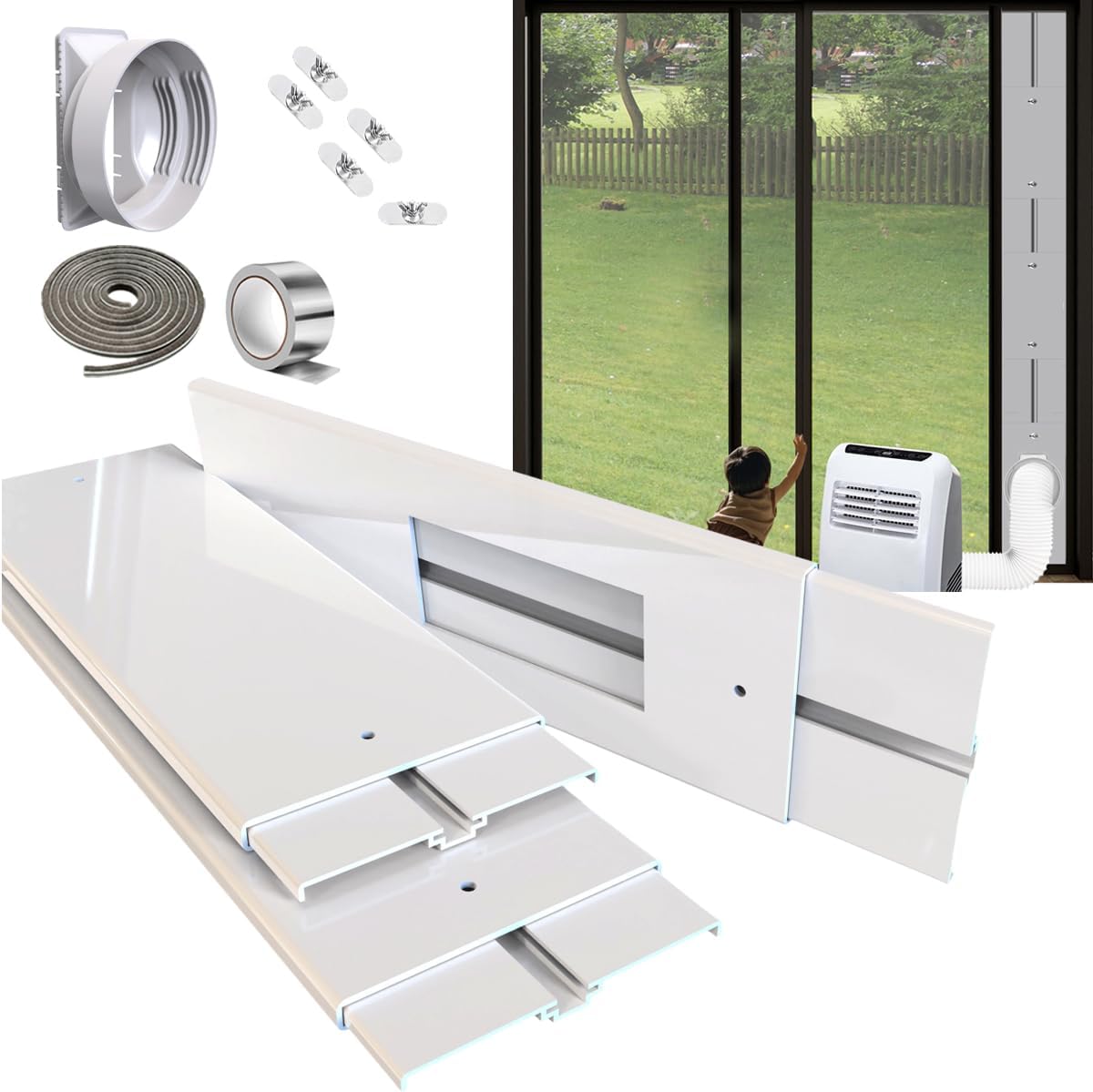 Gulrear Max 95"Sliding Door Air Conditioner Vent Kit with Screen net & 2 weather strippings Energy Saving Airtight Universal 5.0/5.9 Inch AC Hose Coupler Portable AC Balcony Door Plates kit