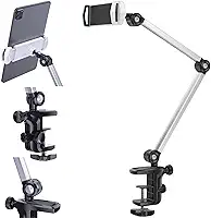 Suporte para Celular e Tablet Braço Articulado Dobrável - Resistente, Rotação 360 Graus, 2 Pontos de Fixação e Garra para Telas até 13 Polegadas. Ideal para Trabalho e Gravações.