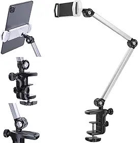 Suporte para Celular e Tablet Braço Articulado Dobrável - Resistente, Rotação 360 Graus, 2 Pontos de Fixação e Garra para Telas até 13 Polegadas. Ideal para Trabalho e Gravações.