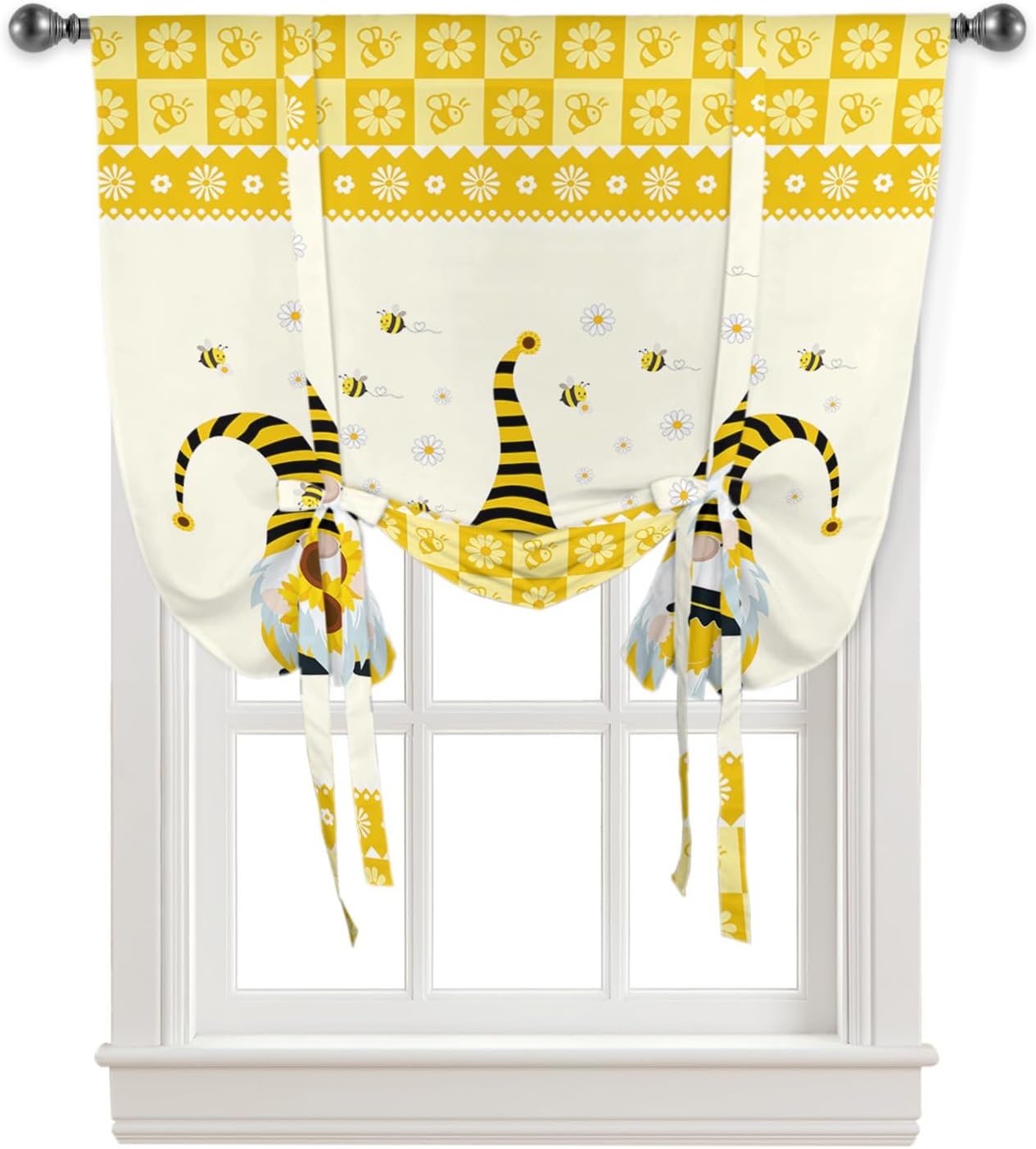 Tie Up Window Shade Curtain Spring Cute Gnome Farm Yellow Bee Kitchen Adjustable Balloon Curtains Shades Drape 46x63In for Living Room/Bedroom/Cafe Windows Flowers Animals Plaid