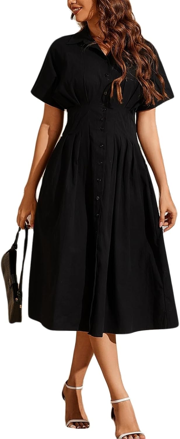 LADYFUL Womens Button Down Shirt Dress Short Sleeve Midi Dress Casual Summer Elegant Formal Long Maxi Shirtdress