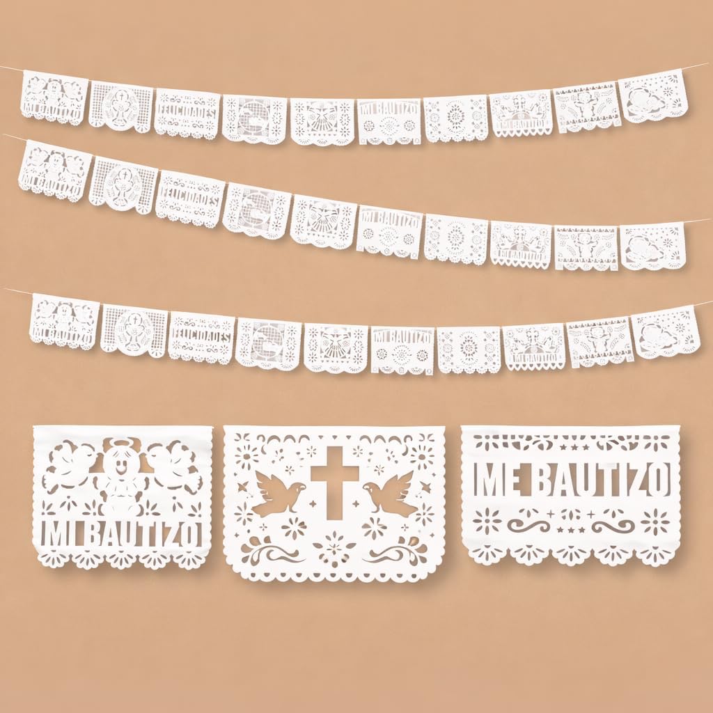 Papel picado bautizo 5 Packs of 10 Unique Paper Baptism Flag Designs - Perfect Decoration for the Baptism Theme! With Mexican Paper Cutting for Authentic Mexican Decoration, Total 164 feet (plastic)