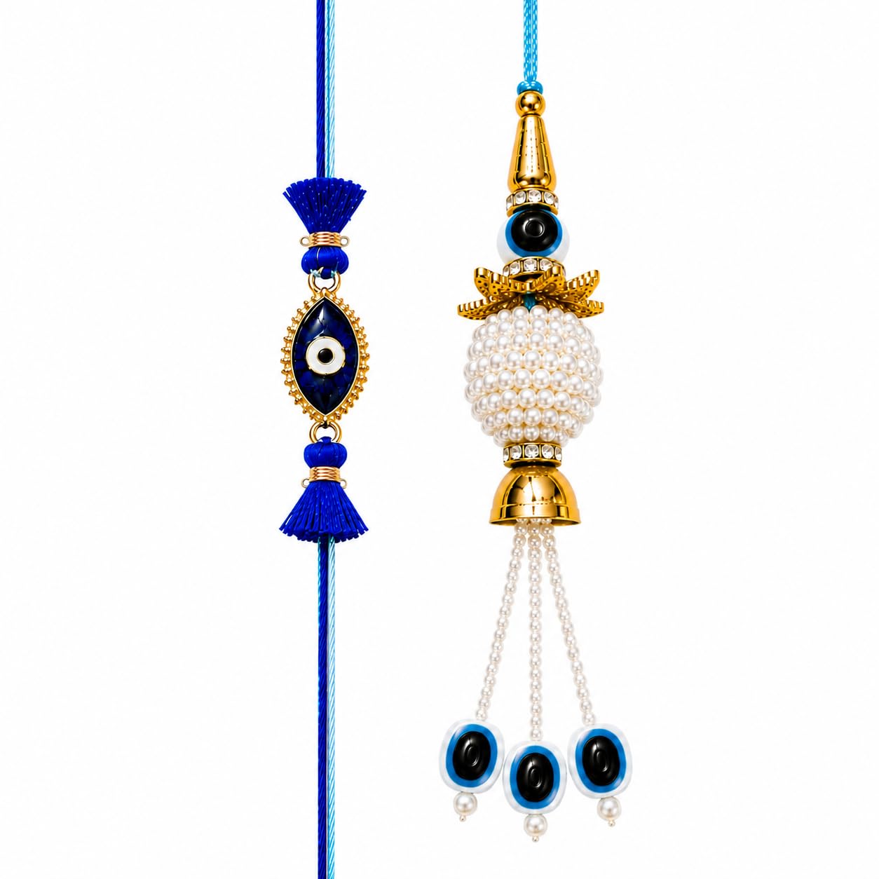 Premium Evil Eye Bhaiya Bhabhi Rakhi Set with Designer Blue Rakhi & Luxury Pearl Evil Eye Lumba | Handmade Nazar Protection Rakshabandhan Combo for Brother & Bhabhi | Raksha Bandhan Gift with Roli Chawal-image-48