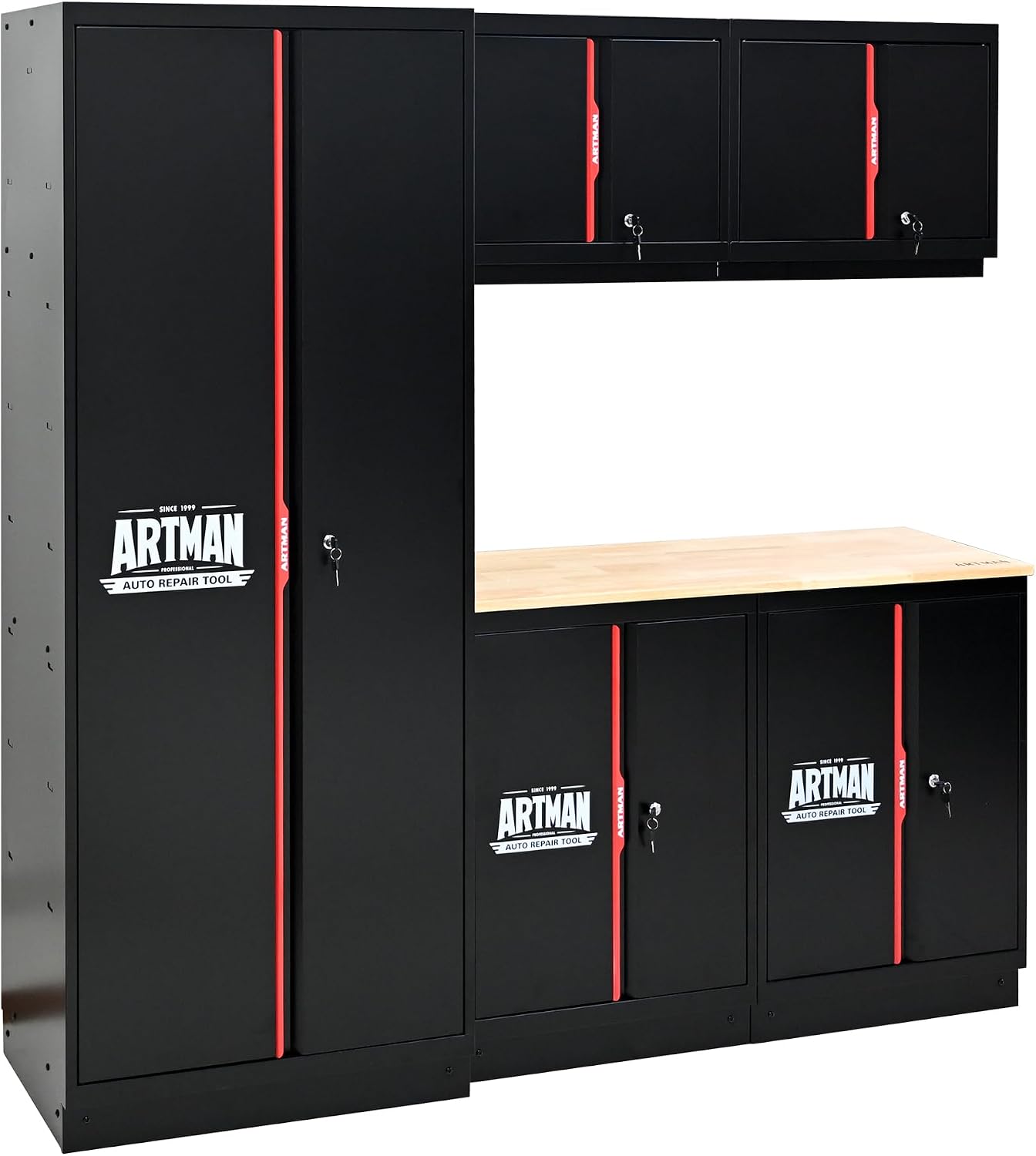Pre-Assembled Heavy Duty Garage Storage Cabinet System, No-Assembly 6-Piece Workshop Locker Set with LED Illumination, Wooden Workbench, Secure Key Locks, and Height-Adjustable Leveling Feet
