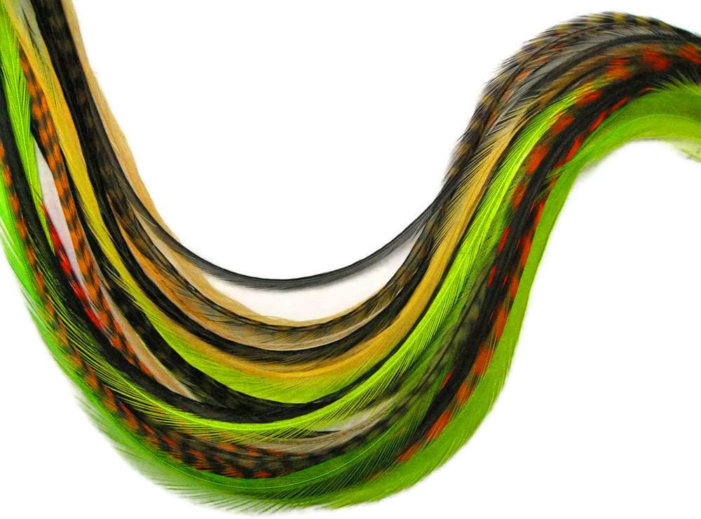 12 Strands - Jewel Mix Thin Long Grizzly Whiting Farm Rooster Hair Extension Feathers Craft Supply | Moonlight Feather