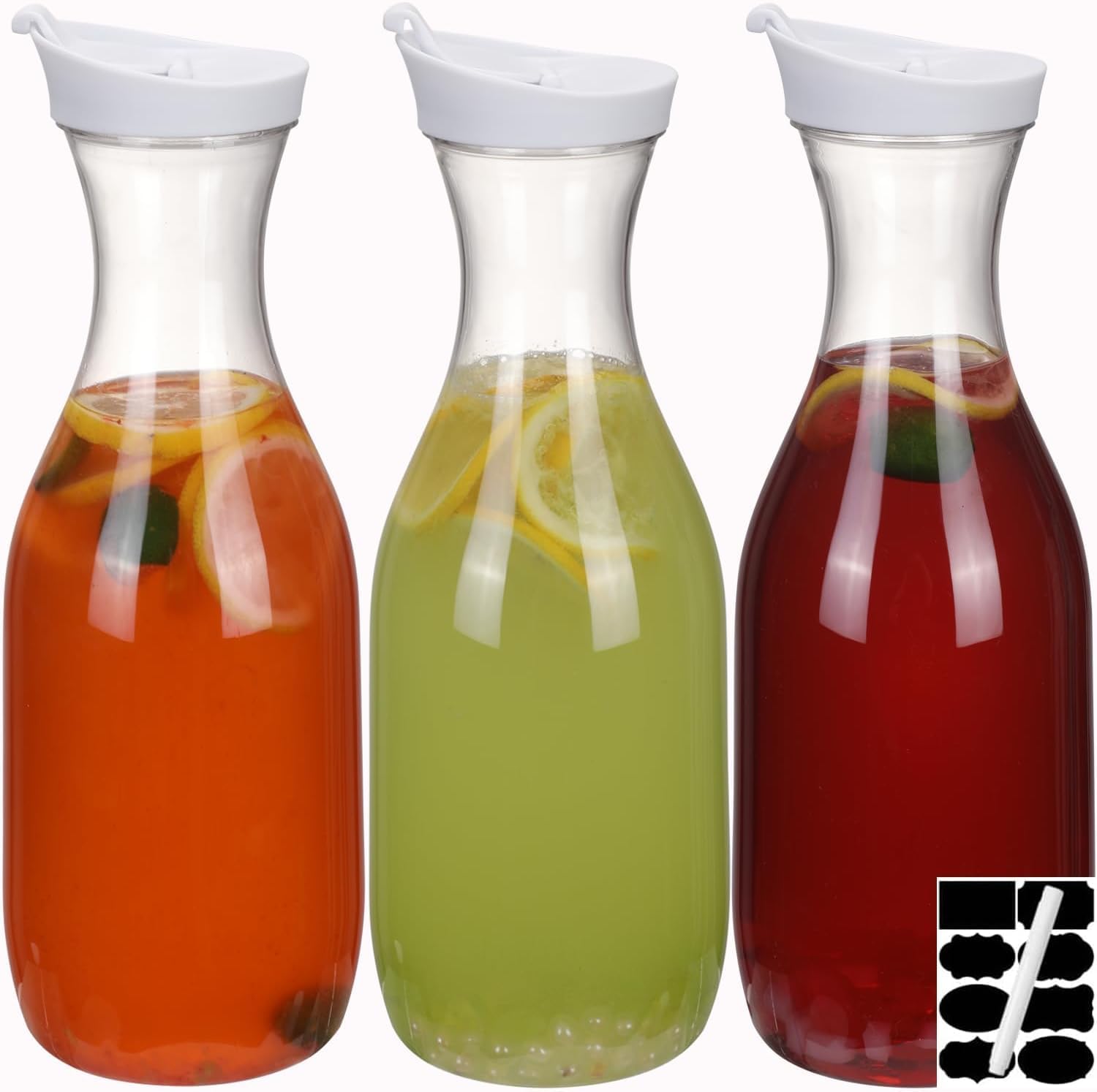 3-Pack 50 Oz Plastic Water Carafe Pitcher with Flip Top Lid, Round Base Juice Containers, Mimosa Bar Supplies Pitcher for Drinks, Water, Tea, Juice, Milk, Lemonade and Other Beverages