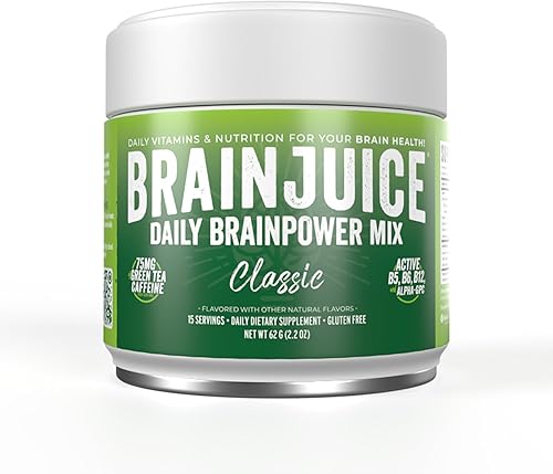 BrainJuice Nootropics Suplemento de apoyo cerebral, polvo sin gluten para energía y concentración, mezcla de bebida con L teanina, Alpha GPC