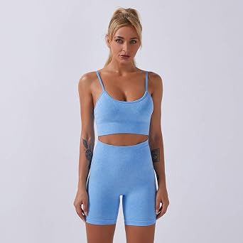 Women 2 Piece Yoga Workout Outfits Seamless High Waist Leggings Crop Top Gym Pants Joggers Activewear