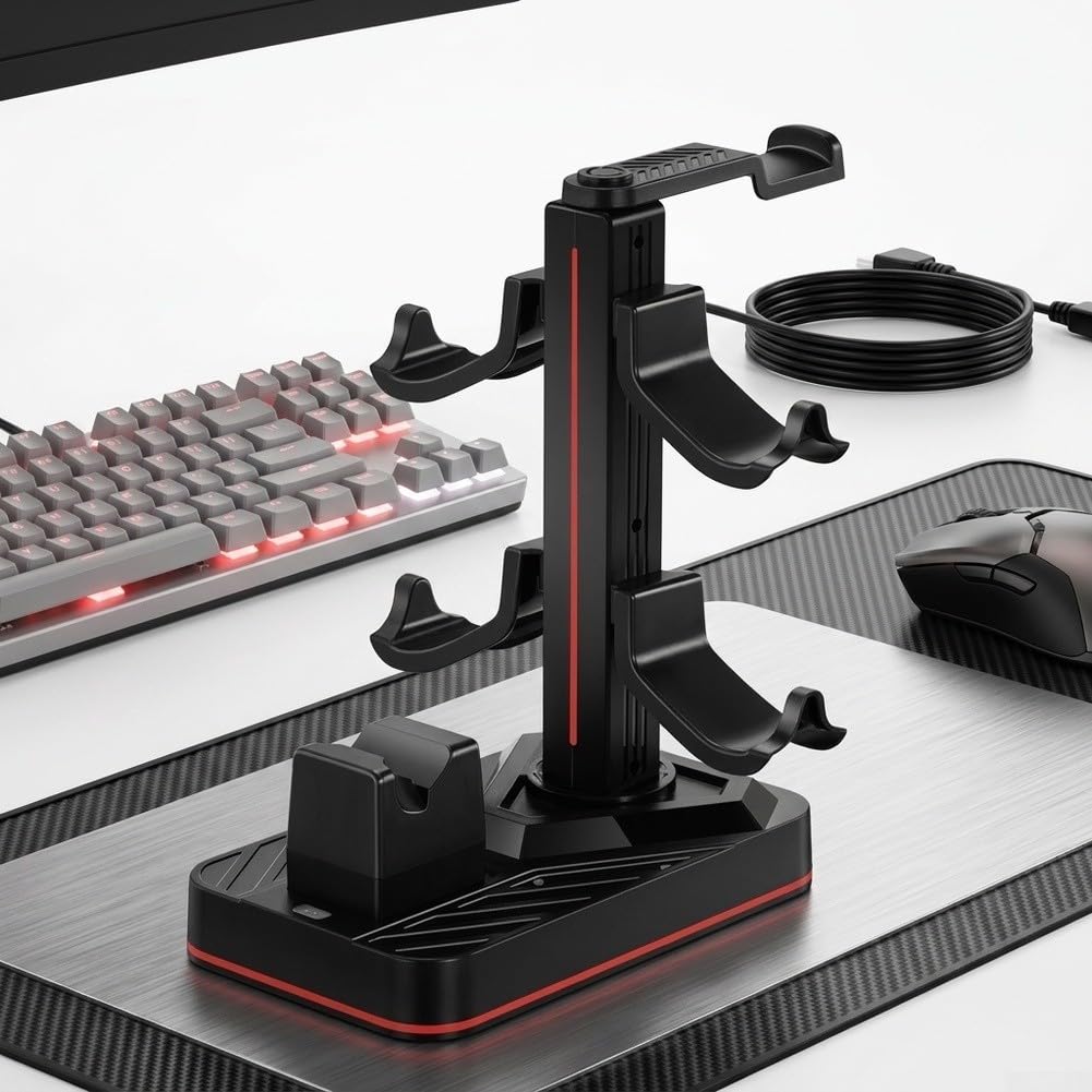 Supporto per cuffie da gioco con stazione di ricarica, supporto per controller staccabile per Switch 2 Pro, 8 modalità LED, 3 porte USB, gancio per auricolari in ABS per accessori PC