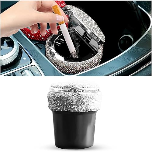 BESULEN Cenicero de automóvil con brillos, cenicero portátil con tapa, soporte para taza cilíndrica sin humo con indicador de luz LED, accesorios de