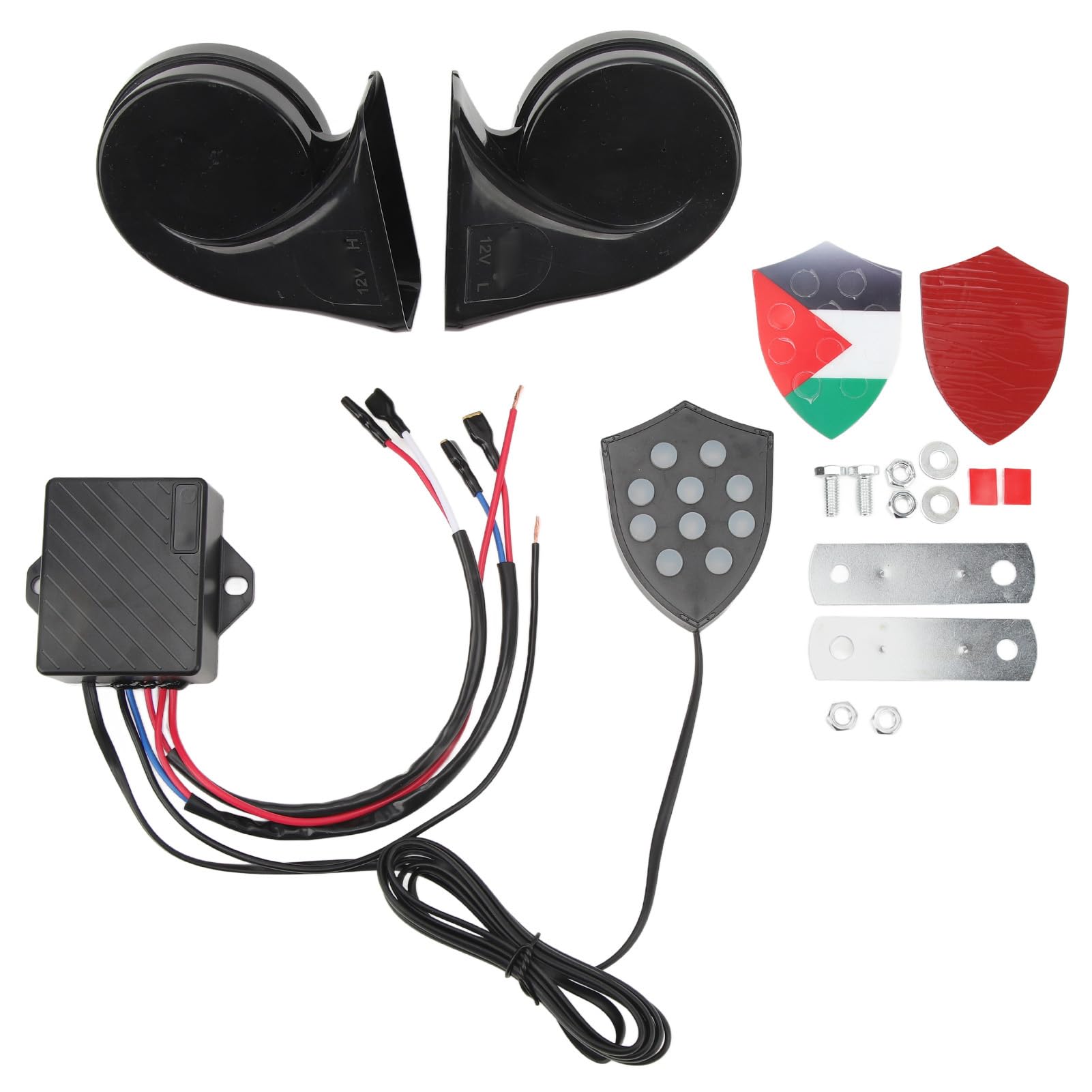 Aramox Clacson Elettronico, Clacson Auto 150dB con Telecomando Universale 12V, Compatibile Berline Camion SUV, Regolatore 10 Suoni Musicali, Modello YC102350-BK
