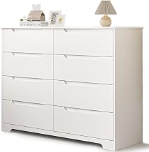 Gizoon 8 Drawer Dresser, 47” Wide White Dresser for Bedroom, White | Cut-Out Handles, Modern Wooden Chest of Drawers with Anti-Tip Kit, for Living Room, Hallway, Entryway, Home Office