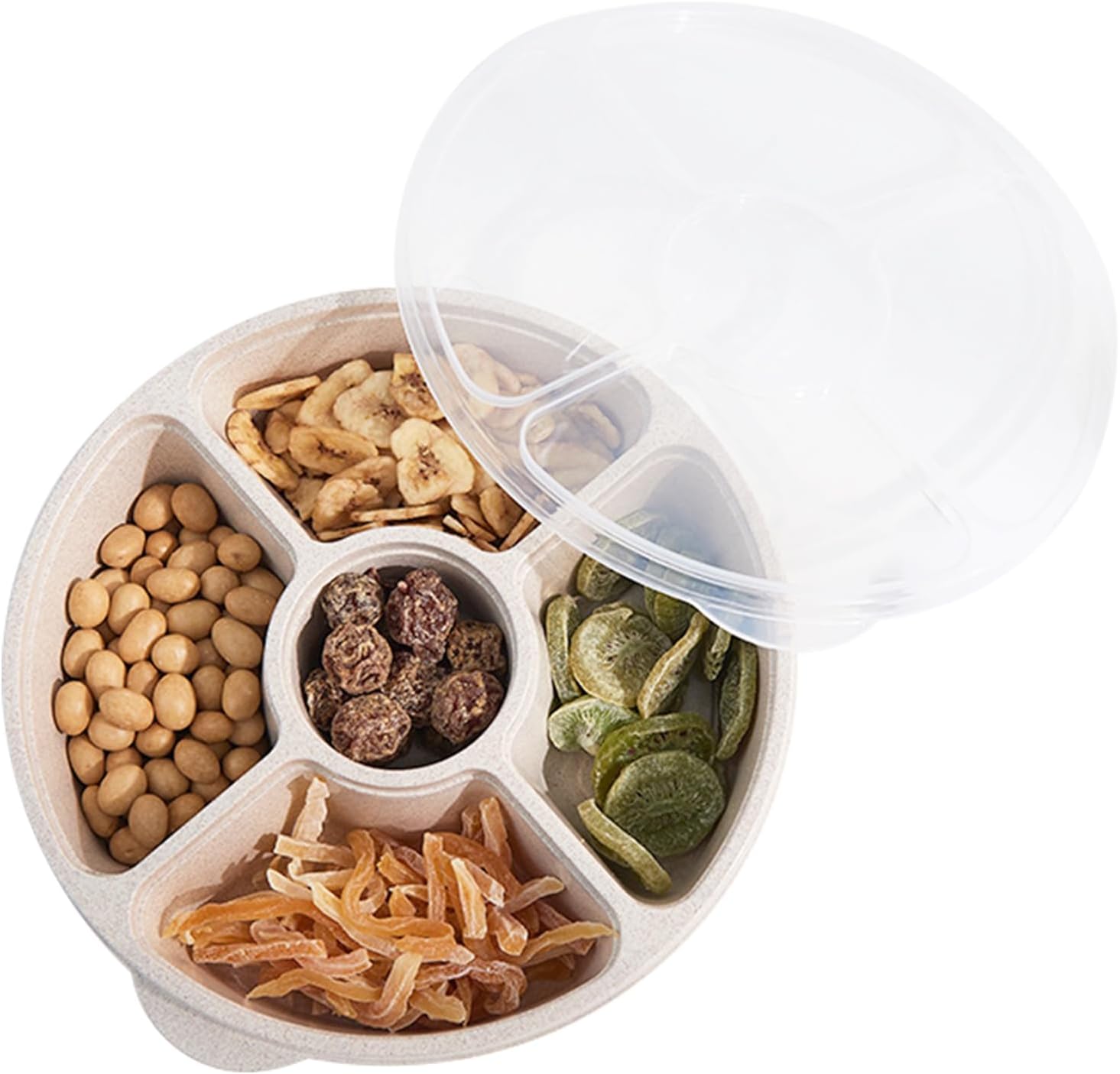 Fadcaer Divided Serving Tray Platter with Lid 5 Sections Compartment Trays Round Catering Dishes Storage Containers Appetizer Platters for Nuts Dried Fruit Snacks Candies Crackers Veggies