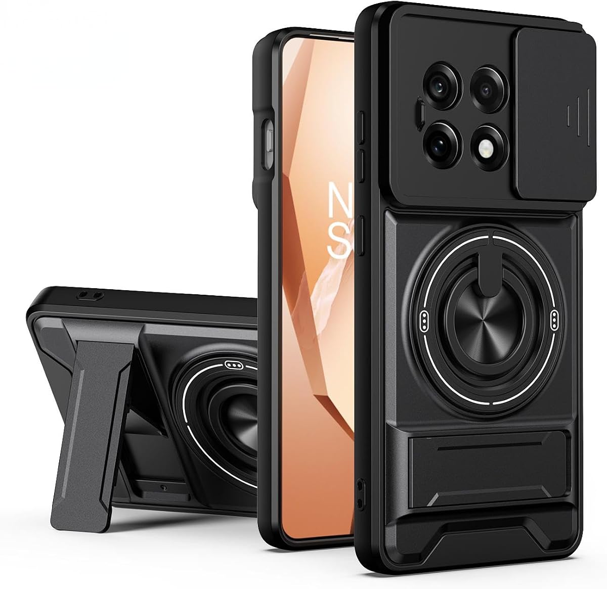 Pzwoxukhov compatible con funda OnePlus 13R / Ace 5, soporte anular incorporado y soporte plegable, deslizador de protección de lente, funda de protección magnética negro