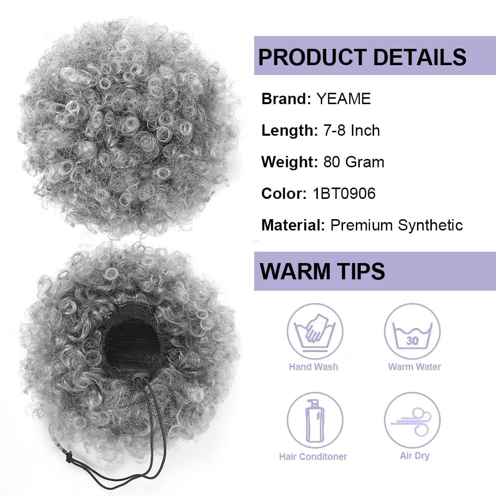 YEAME Afro Puff Drawstring Ponytail for Black Women, Premium Ombre Gray Afro Bun Drawstring Ponytail for Women Girls (1BT0906 Ombre Gray) thumbnail
