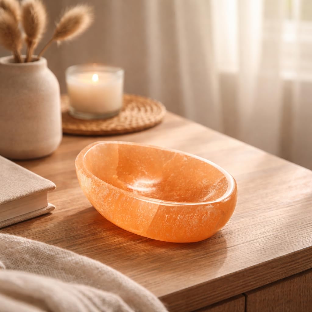 NKlaus Cuenco de selenita naranja 10,5 x 7 x 3 cm – Hecho a mano pulida bandeja de energía para limpiar y cargar joyas y piedras preciosas, ideal para decoración y meditación