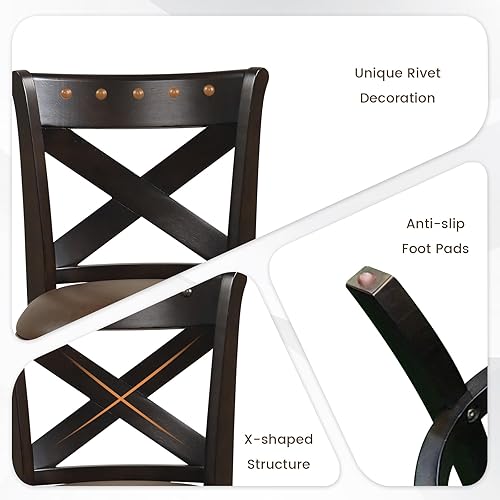 Miniatura 7 de COSTWAY Juego de 2 taburetes de bar, taburete giratorio de altura de mostrador con respaldo curvo, asiento de piel sintética y patas de madera de