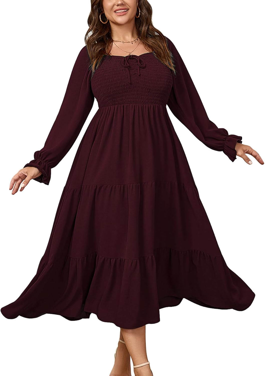 Womens Plus Size Flowy Maxi Dress Long Sleeve Square Neck Smocked A Line Formal Long Dresses for Women Wedding Guest