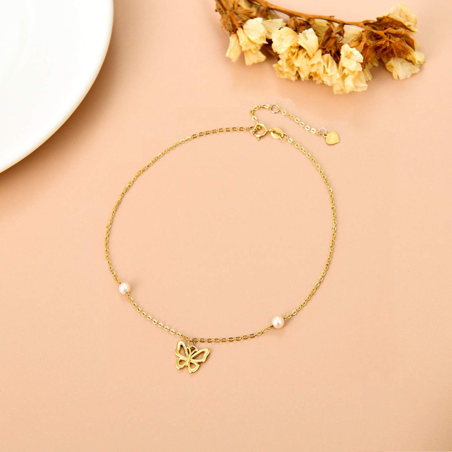 SISGEM 10k Gold Butterfly Anklet for Women, Real Pearl Foot Jewelry Ankle Bracelet Gifts for Ladies, 8.6-11 Inch
