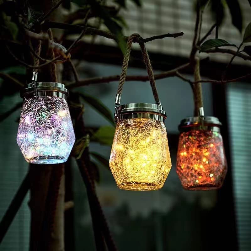 Blue Coral Solar Lights Outdoor Hanging Solar Lantern Cracked Glass Jar 30LED Waterproof Garden Tree Decor Lights for Yard Patio Lawn Holiday (Warm)