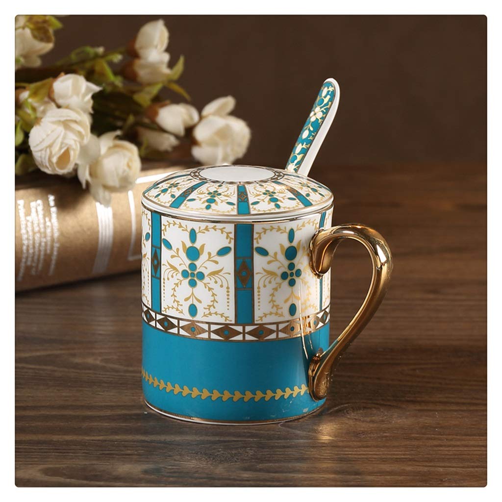 YNIYUJKL Home European-Style Bone China Mug With Lid Spoon Large Capacity Creative Gold Ceramic Cup Office Milk Coffee Coffee Cup,Green