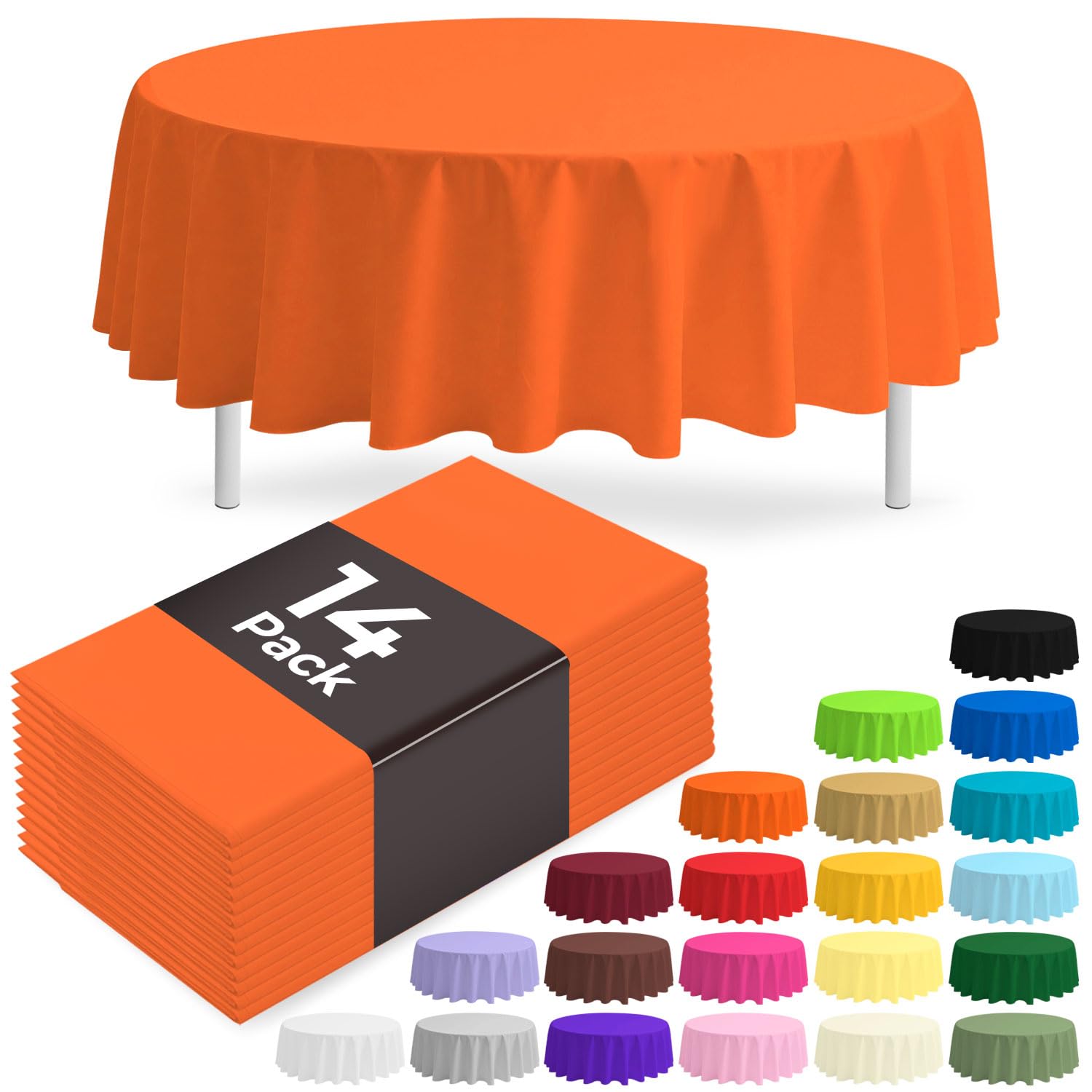 JSQBSECL 14 Pack Orange Plastic Table Cloth 84in Disposable Round Plastic Table Cover for Parties (Orange, 84" Round)