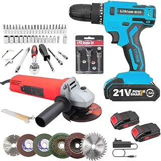 MLD Dual Speed 21V Li-ion Cordless Drill With Combo 850W 4-Inch Angle Grinder for Polishing Cutting Grinding Works Extra 55pcs Accessories Tool Kit JRE-417 (21v/1350 Rpm/Multicolor)