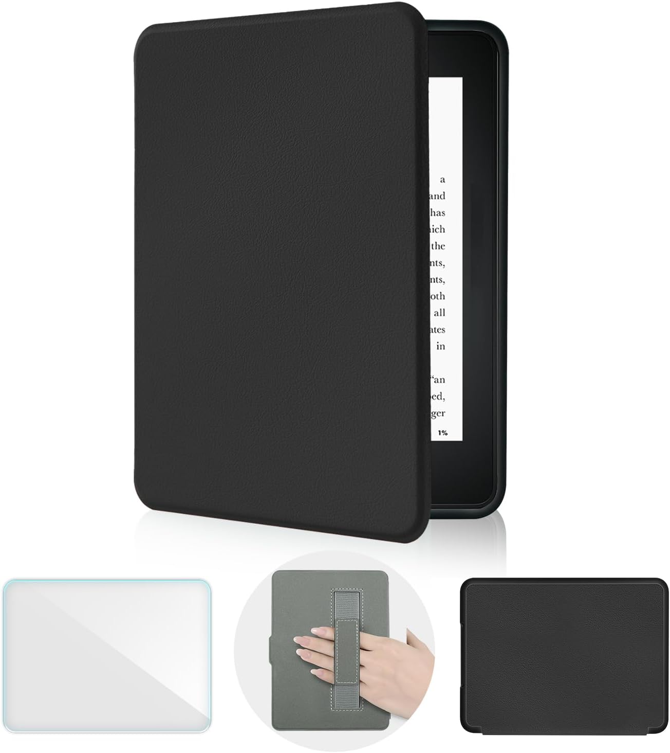 Case for Kindle Paperwhite 12th Generation & Kindle Colorsoft Signature Edition 7 Inch with Hand Strap(2024, Model SA568B SA569P), Silm TPU Sleep Cover Case with a Screen Protector(Black, 7 inch)