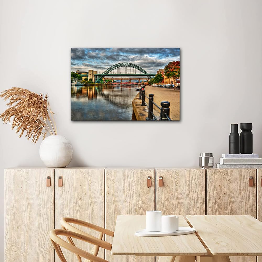 England Canvas Wall Art Bridges in Newcastle Upon Tyne Pictures Posters England Wall Decorations for Living Room Home Decor Pieces 1 Piece Artwork for Home Walls Framed Ready to Hang (16''Wx 24''H) - Image 2