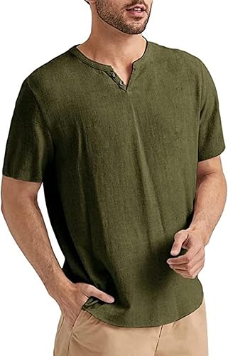 Angbater Camiseta casual de lino Henley de manga corta para hombre, camiseta hippie de playa, camiseta ligera tropical para verano