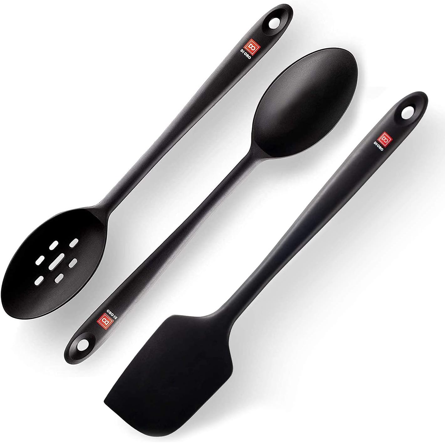 DI ORO 3-Piece Seamless Silicone Spoon and PRO 14in Seamless Silicone Spatula Bundle - 600F Heat-Resistant Rubber Non-Stick Slotted and Solid Spoons for Mixing and Serving - BPA Free