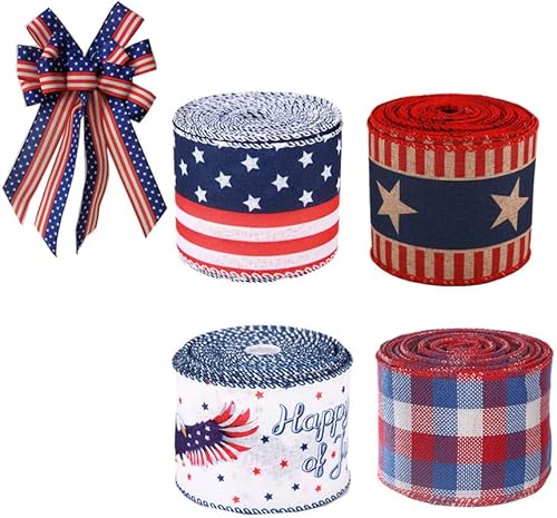 MENDERRY Cinta patriótica de 25 pulgadas26 pies 4 de julio bandera de Estados Unidos con borde con alambre cinta a cuadros de búfalo rojo blanco