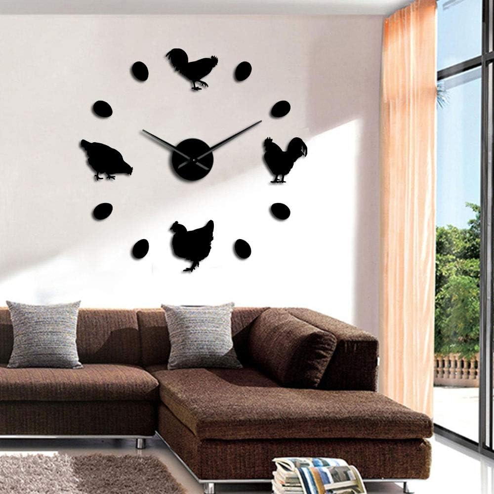 XDG Farm Chicken and Fresh Farm Eggs DIY Large Wall Clock Farmhouse Rustic Wall Decor Kitchen Frameless Wall Clocks Mirror Stickers (Silver、37inch)