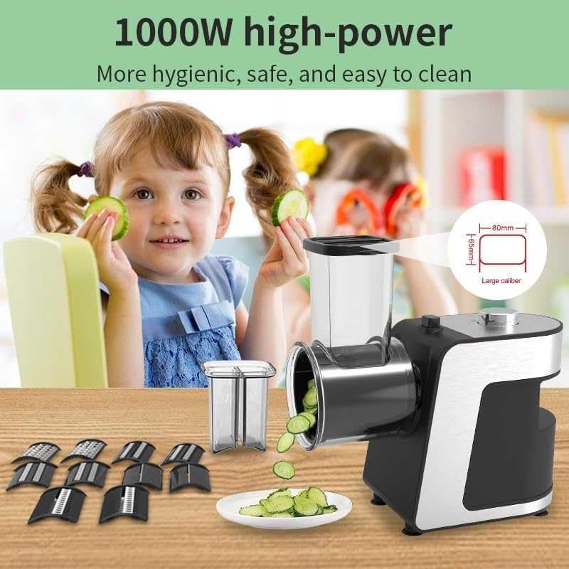 Râpe à fromage électrique 1000 W et coupe-légumes – Machine à salade multiple avec 5 cônes interchangeables pour fromage, concombre, carotte – Idéal pour déchiqueteuse de fruits et légumes