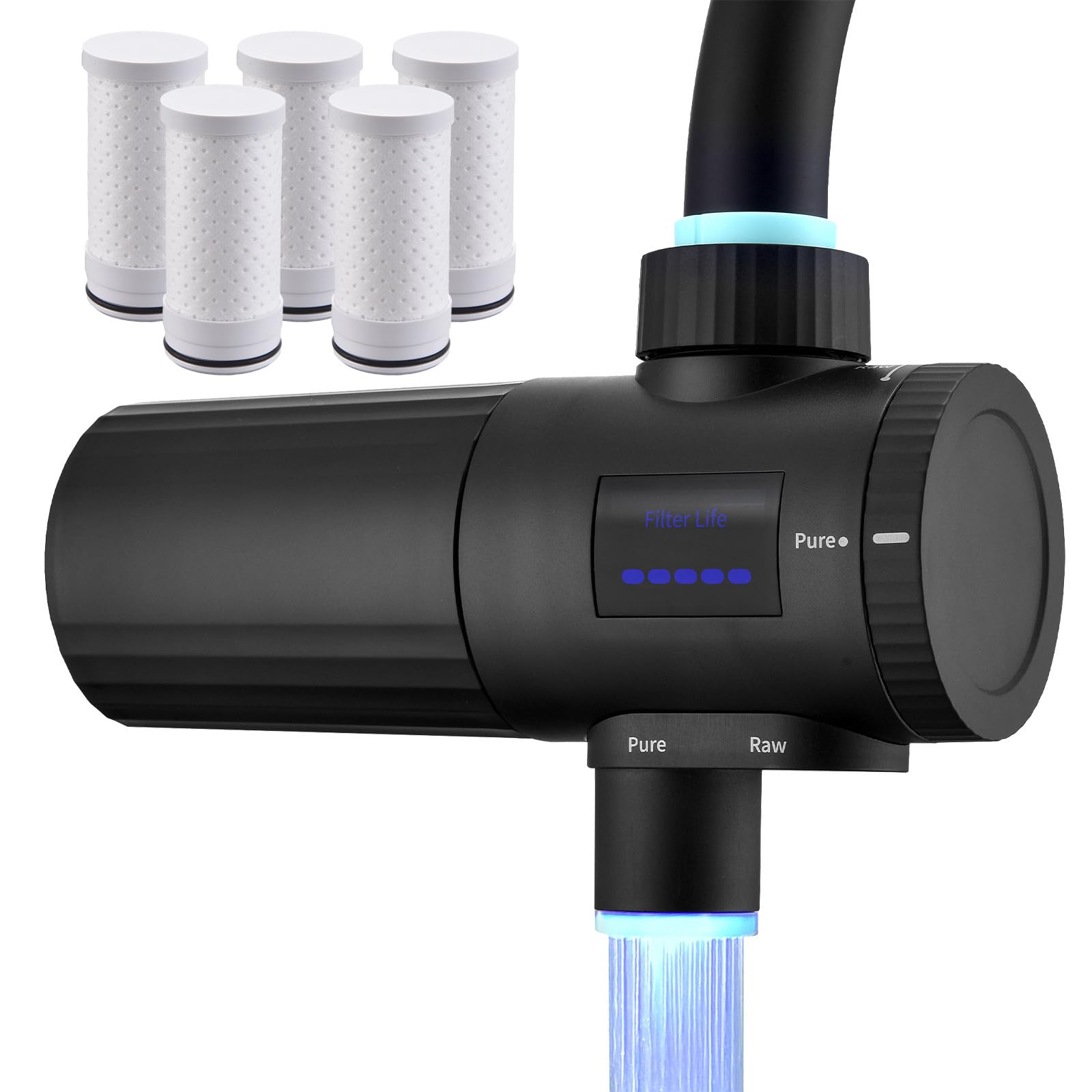 HOMELODY Grifo de filtro de agua 3.0 con indicador LED, 5 filtros incluidos y filtro de agua potable para cocina, elimina cloro, metales pesados y cal, mejora el sabor, 12 adaptadores