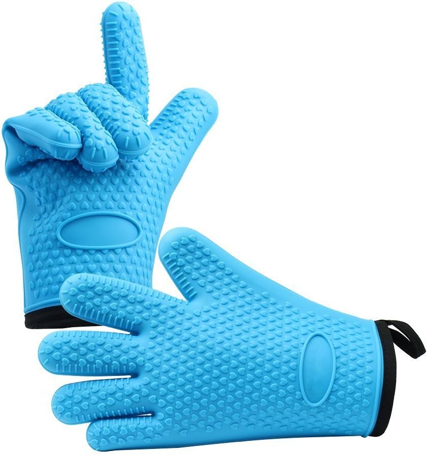 Professional Silicone Oven Gloves with Protective Cotton Layer - Heat Resistant Oven Mitts for BBQ,Cooking and Kitchen(Blue) (B)