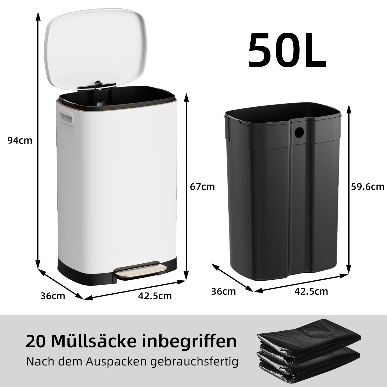 KSSKSS Poubelle de cuisine - 50 l - Poubelle à pédale avec couvercle à fermeture douce et pédale - Fermeture douce - Seau intérieur amovible - Acier inoxydable - Rectangulaire - Blanc