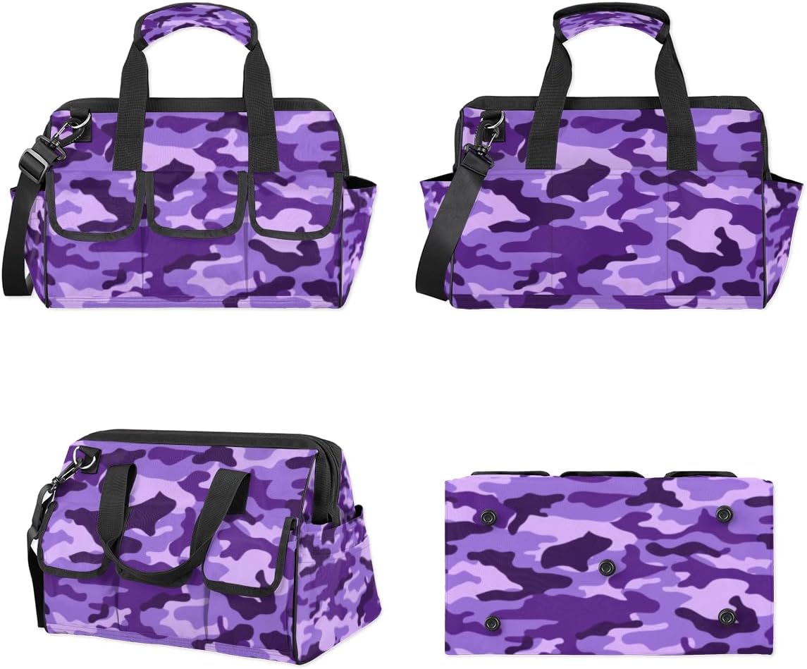 Purple Camouflage Tool Bag for Men Women Multi-Pockets Wide Mouth Tool Storage Bags 14.8 Inch Waterproof Heavy Duty Tool Bag Organizer for Electrician Mechanic Plumbers Handymen