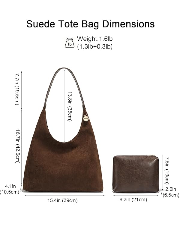 SUANNI Brown Suede Tote Bag for Women, Trendy Slouchy Purse, Large Winter Hobo Bags, Women's Shoulder Handbags With Zipper, Fall Purses for Everyday Work Travel College (Bag Set) by SUANNI - Image 5