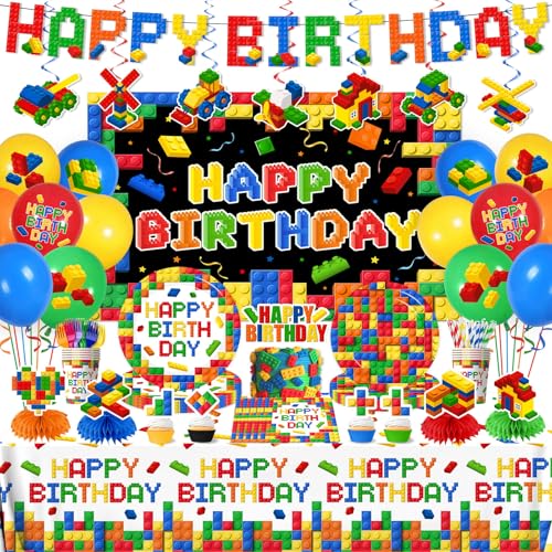 198Pcs Building Block Birthday Party Decorations with Plates Napkins Cups Banner Backdrop Tablecloth Balloons Cake Toppers Honeycombs for Boys Kids Birthday Party Supplies Serve 24 Guests