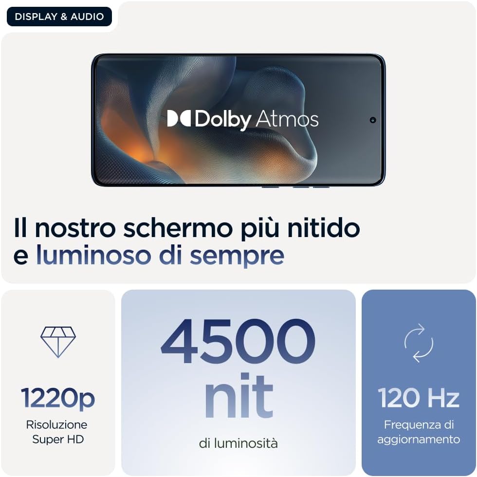 Motorola Edge 60 display showing Dolby Atmos logo and vibrant colors, 1220p Super HD resolution, 4500 nits brightness, and 120Hz refresh rate.