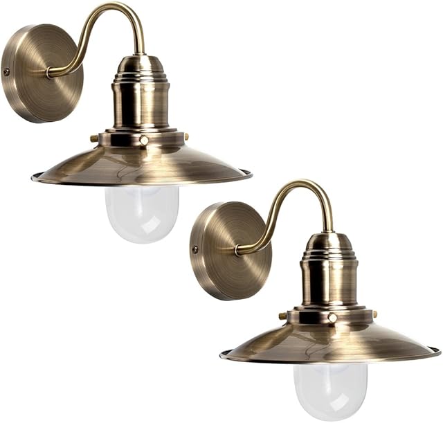 MiniSun Pair of - Antiqued Brass Effect Metal & Glass Retro Fisherman's Lantern Wall Lights
