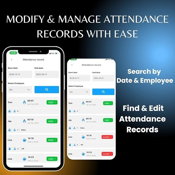 App Based Clocking in Machine Time and Attendance Recorder for Employees Small Business with Fingerprint, Card and PIN，Auto Deduct Lunch Time,Weekly OT,10 IC card, IOS/Android App, No Monthly Fee