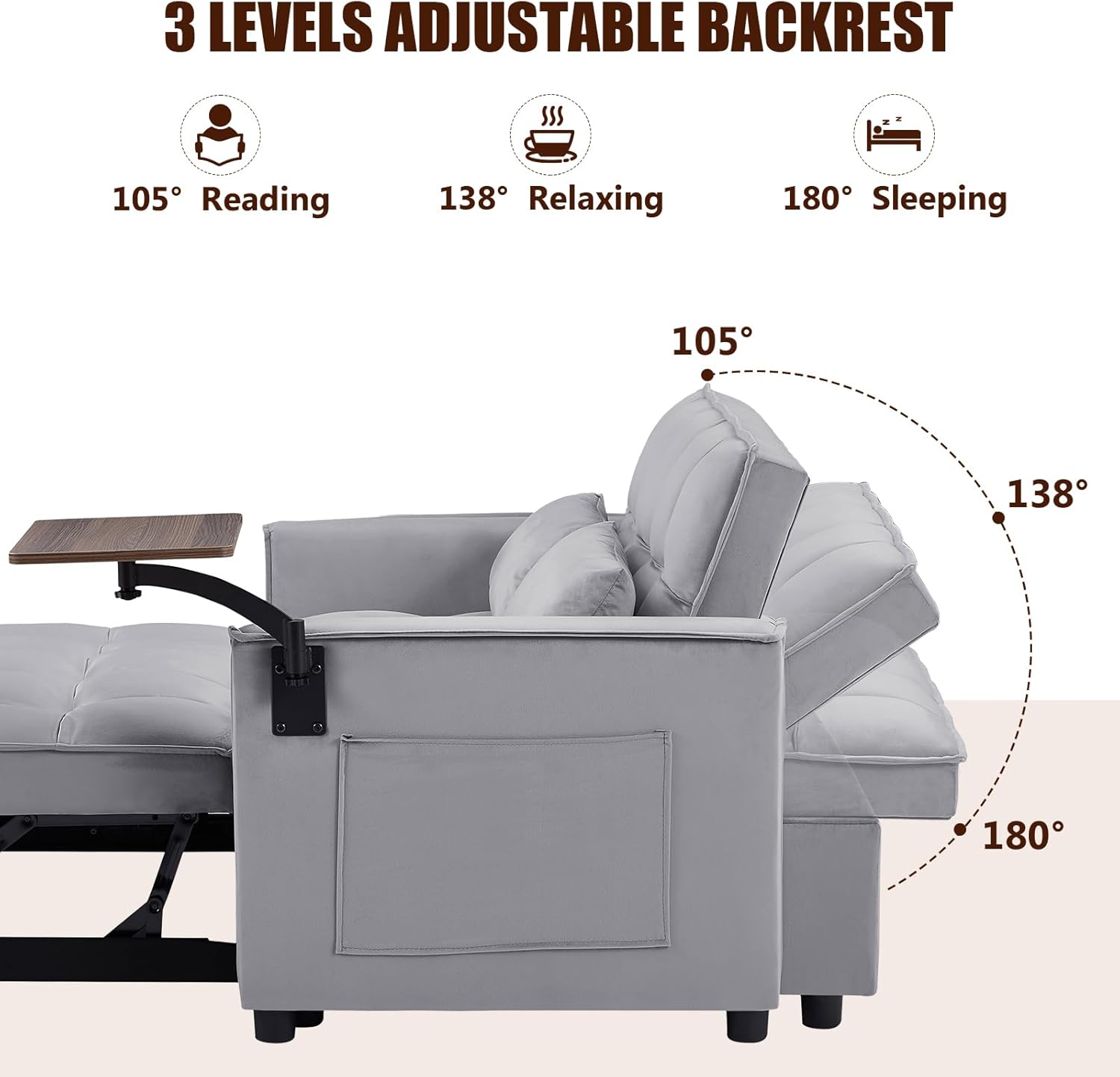 Yafylly 3 in 1 Sleeper Sofa Couch Bed, Pull Out Loveseat with Storage, Full Size Velvet Convertible Chair with 2 Pockets & 2 Pillows for Living Room, Grey