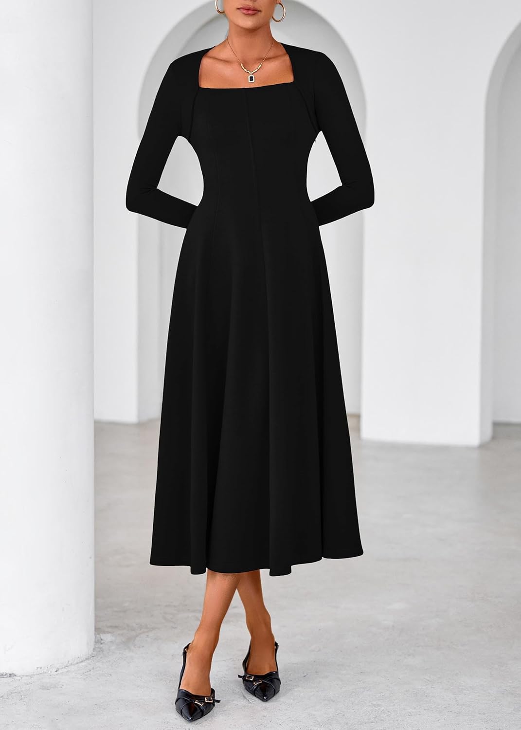 Lazysmile Long Sleeve Fall Dresses for Women Square Neck A Line Flowy Casual Elegant Wedding Guest Party Maxi Dress - Image 8